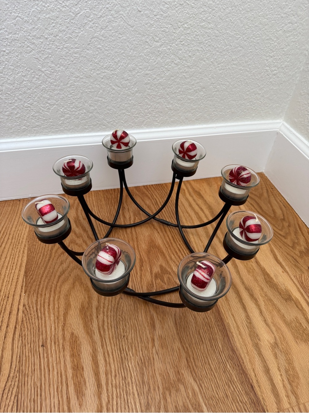 Vintage Black Metal 8-Cup Glass Christmas Candle Holder Candelabra Centerpiece